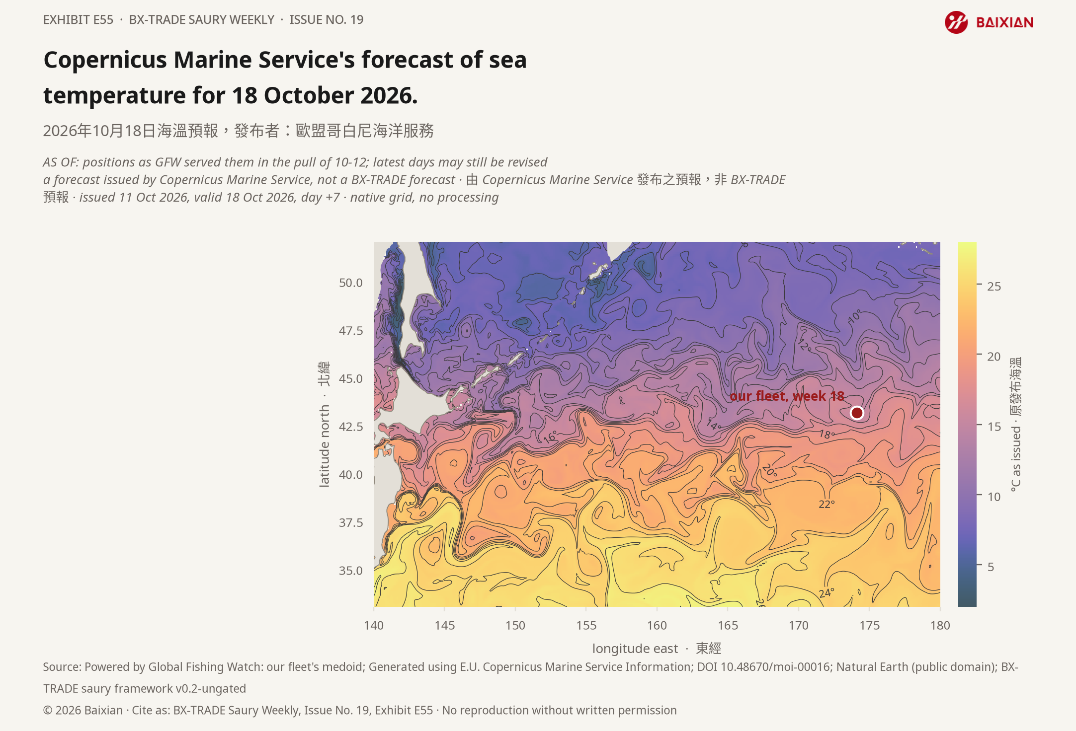 E55: Copernicus Marine Service's forecast of sea temperature for 18 October 2026.
